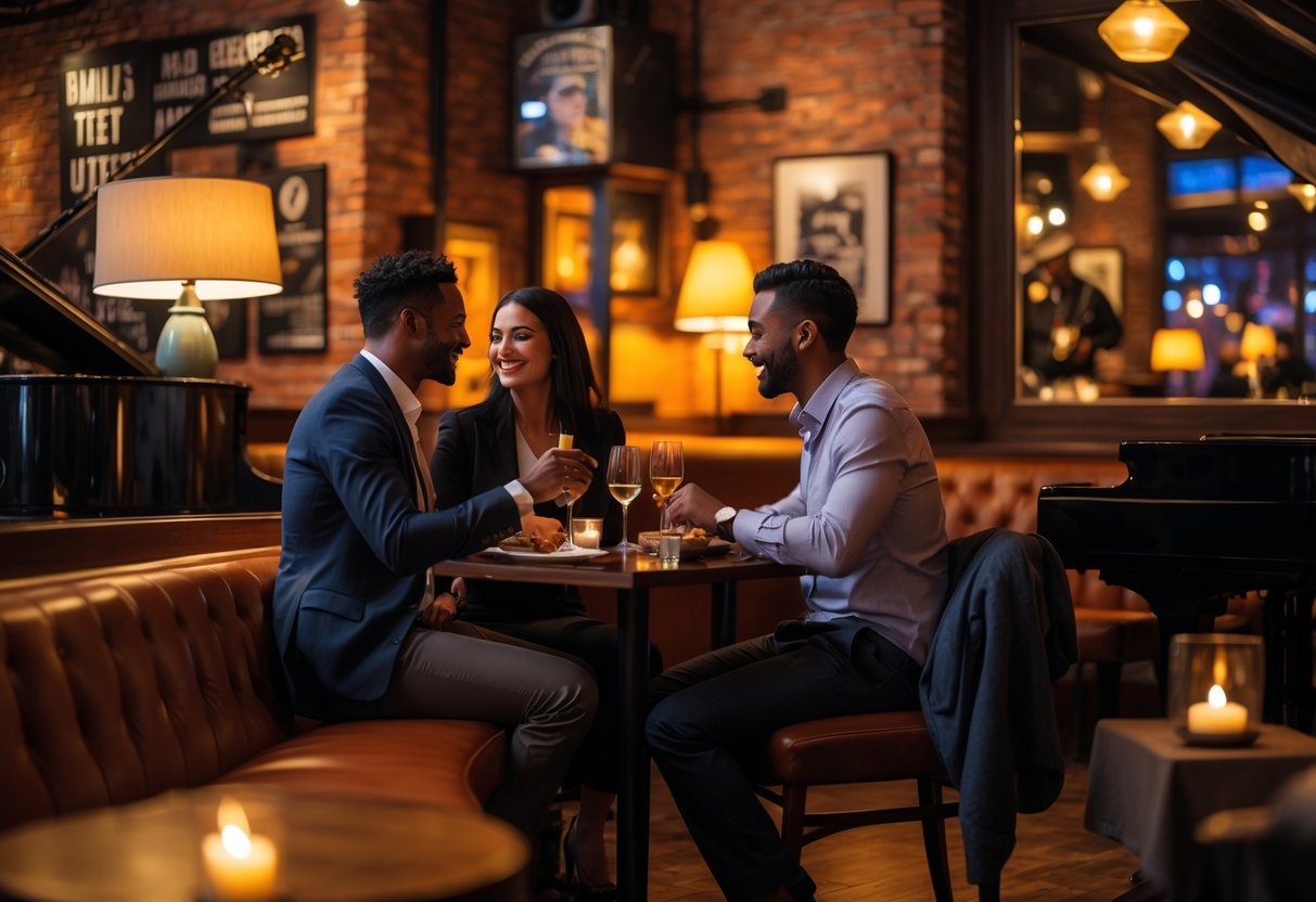A couple enjoying a romantic dinner at a jazz lounge with a piano and saxophone in the background.