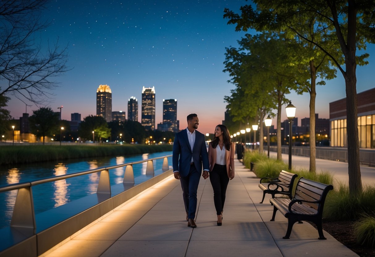 A couple walking hand-in-hand along the Detroit Riverwalk at night with city lights reflecting on the water.