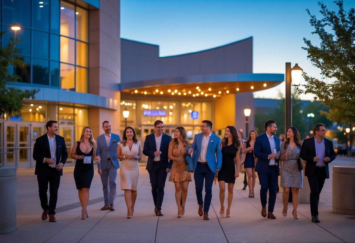 Couples and friends arriving at the Ames Center in Mankato, Minnesota for an evening performance.