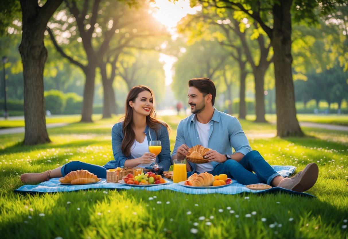A couple enjoying a breakfast picnic together on a blanket in a sunny park surrounded by trees and grass.