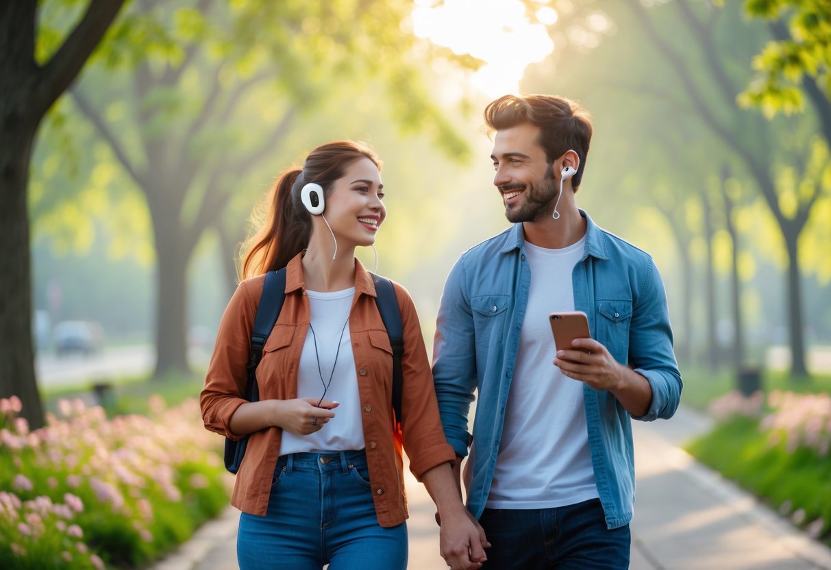 A young couple walking together in a park sharing earbuds and smiling on a sunny morning.