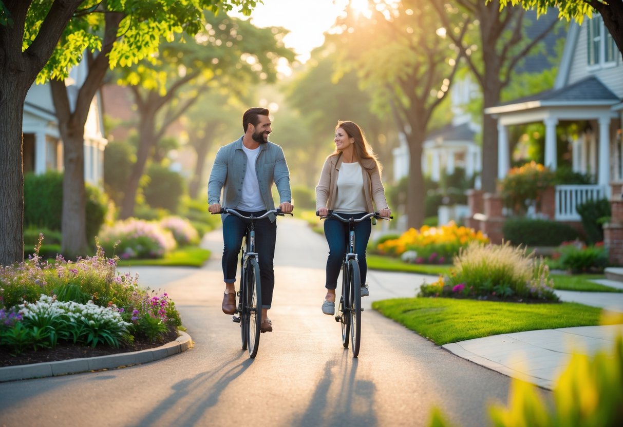A couple riding bicycles together on a tree-lined neighborhood path in the morning.