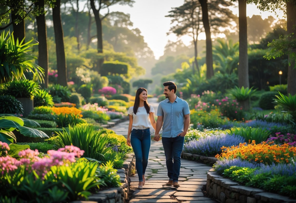 A young couple walking hand-in-hand along a stone path in a peaceful botanical garden with blooming flowers and trees in the morning.