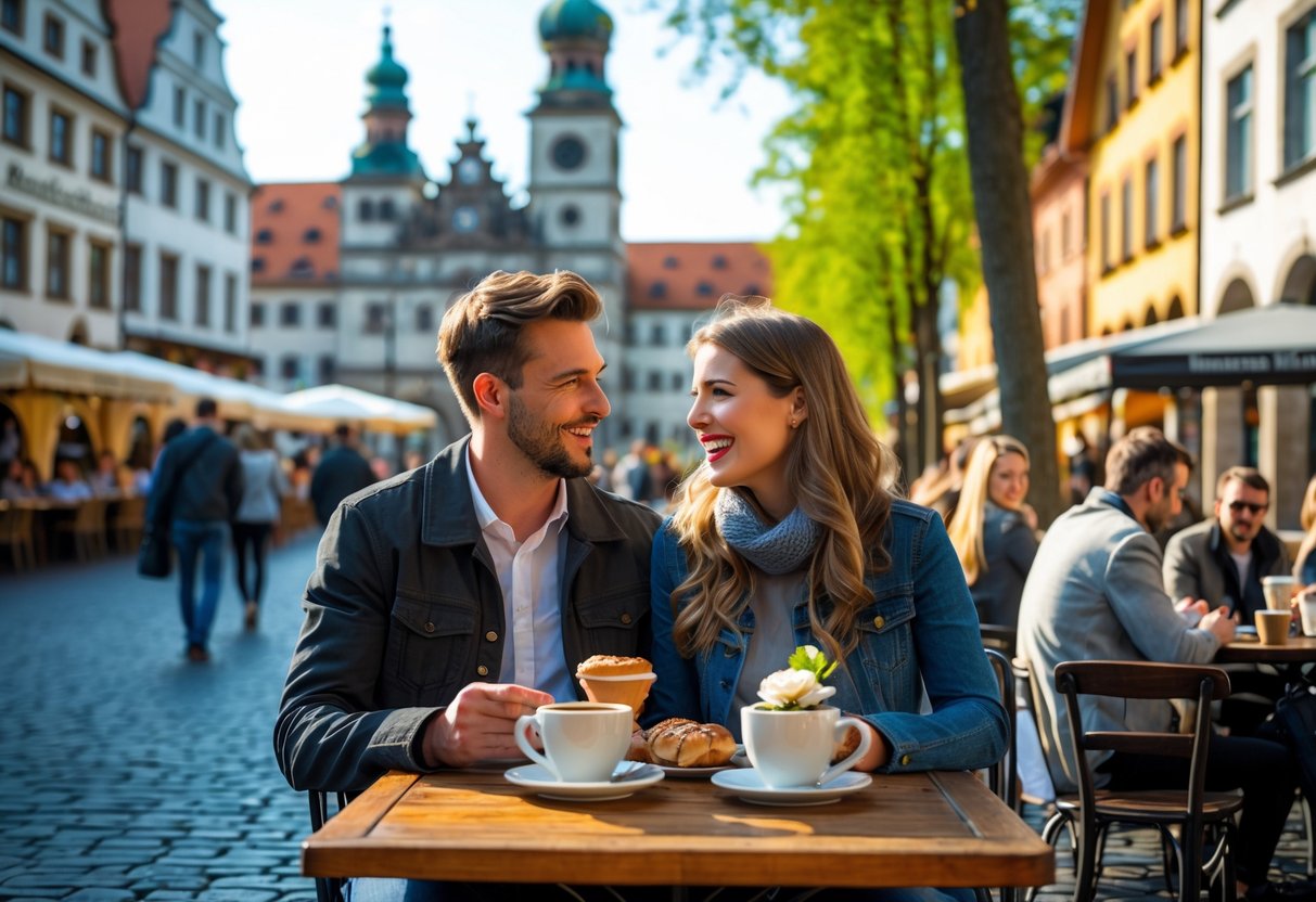 A young couple enjoying coffee together at an outdoor café in Munich near the New Town Hall with people walking by on a sunny day.