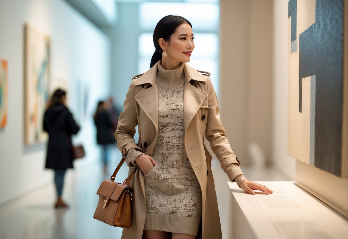 A woman wearing a trench coat over a knit dress stands inside a museum looking at artwork.