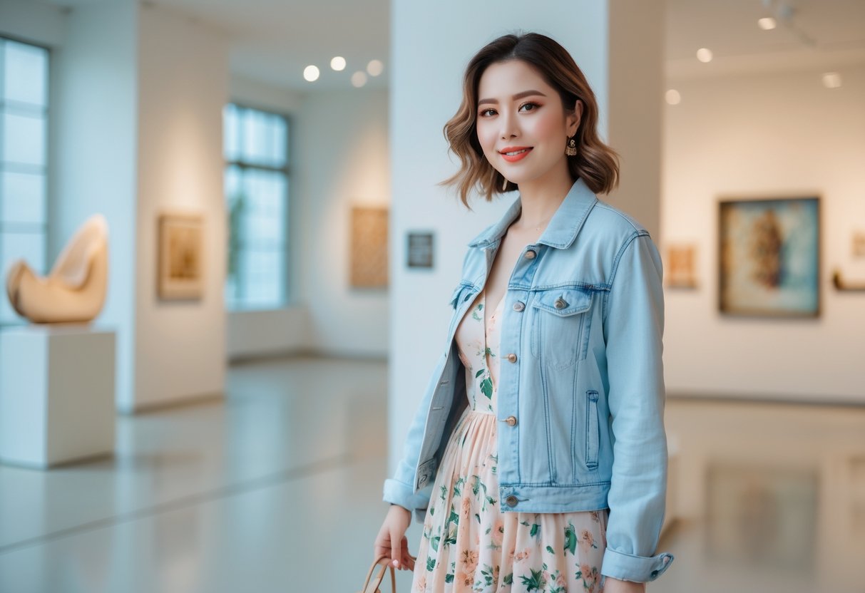 A woman wearing a denim jacket and floral midi dress standing inside a museum near an exhibit.