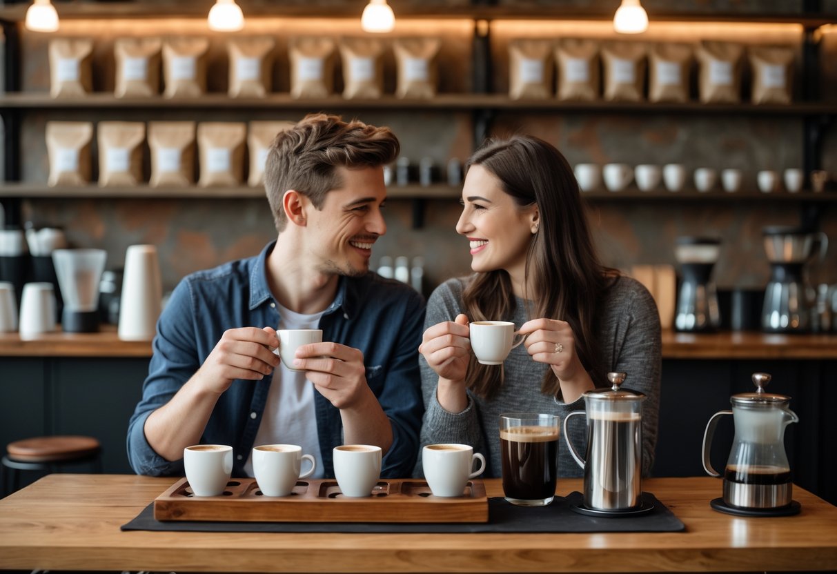 A young couple tasting coffee together at a small table inside a cozy coffee shop.