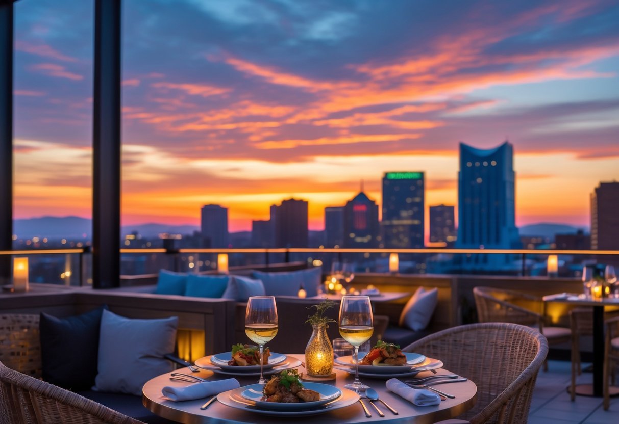 A rooftop dinner setting for two overlooking the Nashville city skyline at sunset.