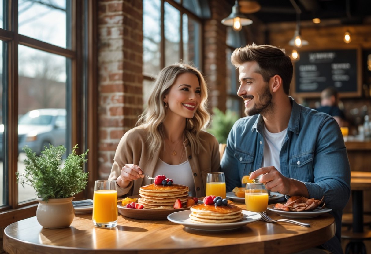 A couple having brunch together at a wooden table with pancakes and orange juice inside a cozy restaurant.