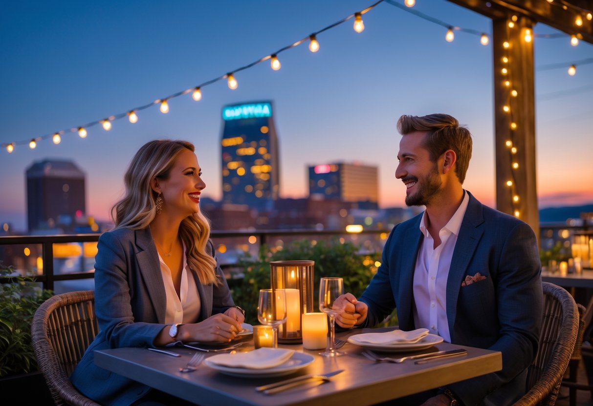 A couple enjoying a romantic outdoor dinner with the Nashville city skyline lit up in the background at twilight.