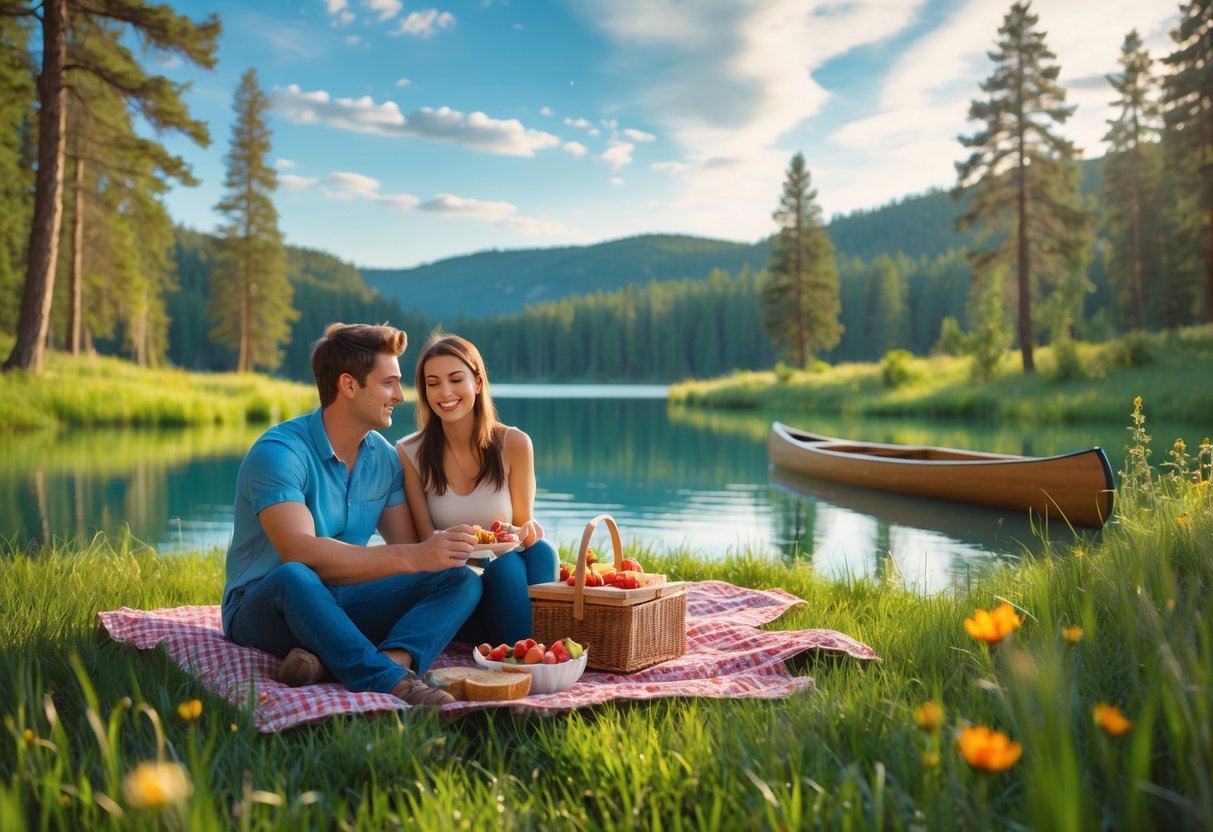 A young couple having a picnic on a blanket by a lake surrounded by trees and hills.