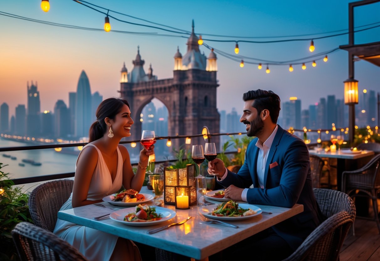 A young couple enjoying a romantic dinner at a rooftop restaurant with the Mumbai skyline and Gateway of India in the background during sunset.