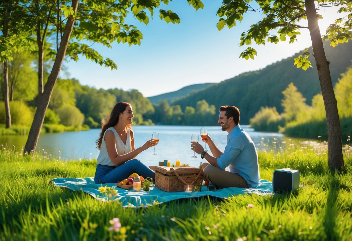 A young couple enjoying a picnic together on a blanket near a lake surrounded by trees and wildflowers.