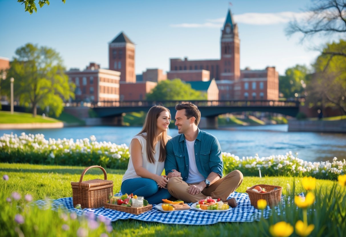 A young couple enjoying a picnic on a blanket in a green park with a small town skyline in the background.