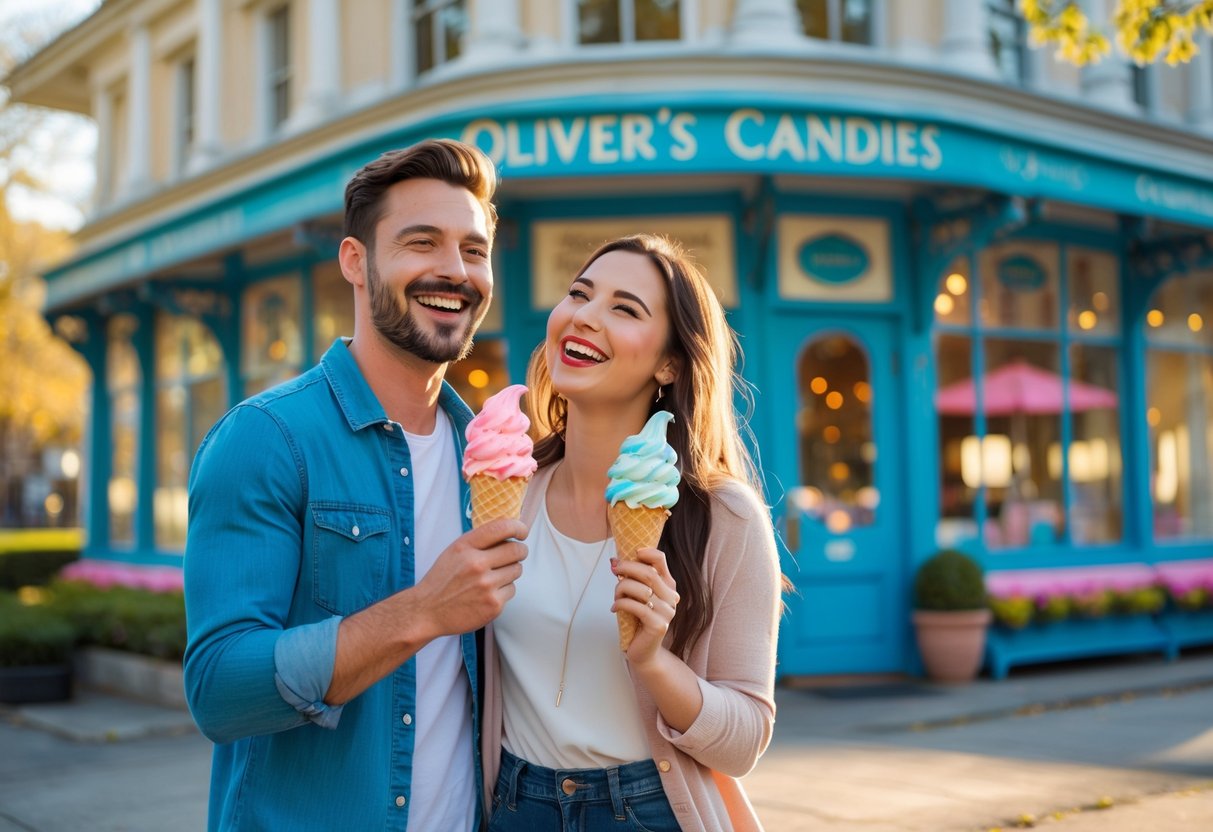A couple enjoying ice cream cones outside a candy shop near a museum on a sunny afternoon.