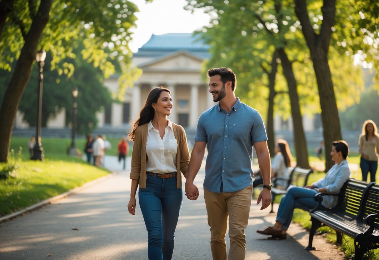 A couple walking hand-in-hand near a museum on a sunny afternoon, surrounded by trees and other visitors.