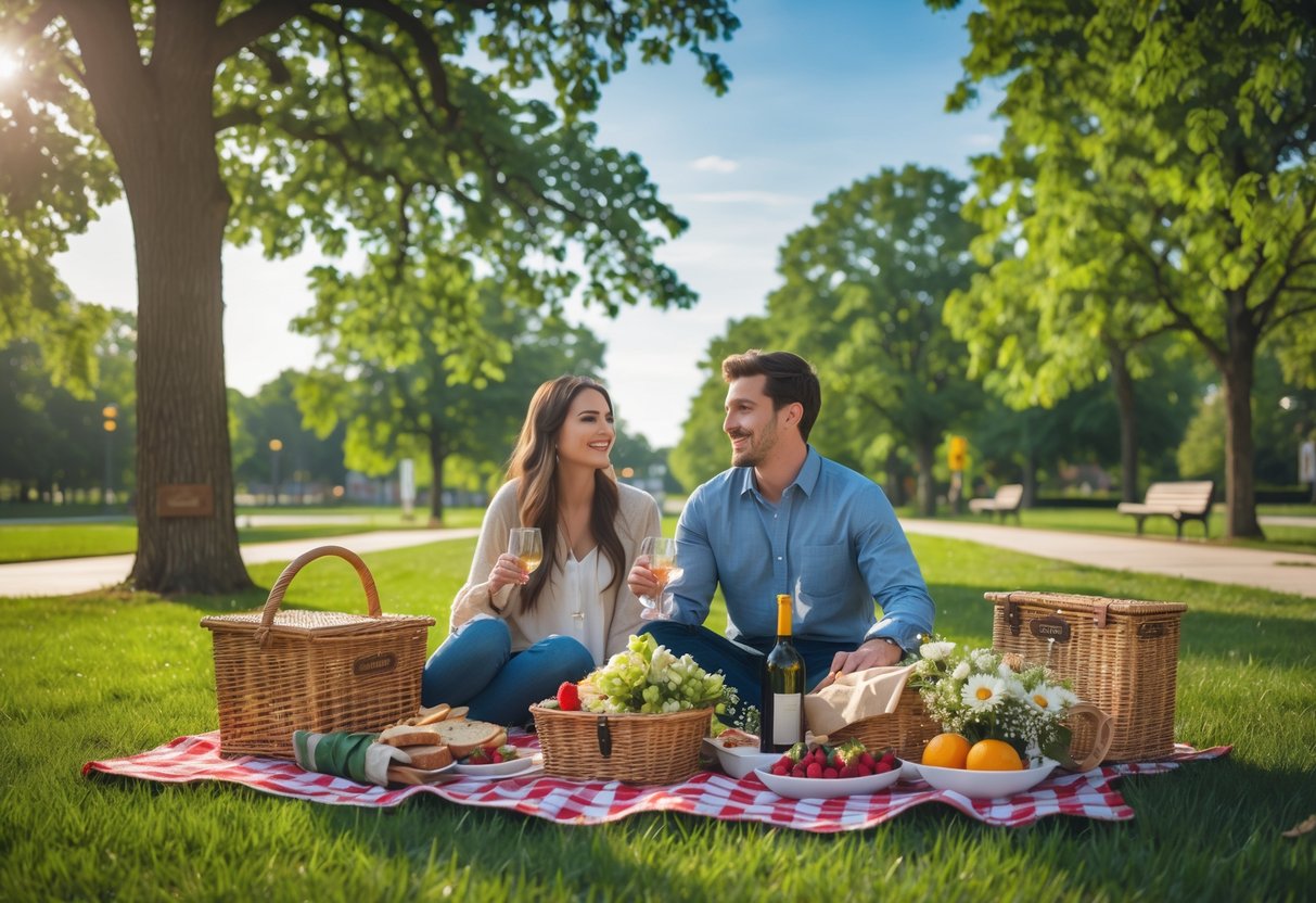 A young couple having a picnic on a blanket in a green park with trees and a clear sky.