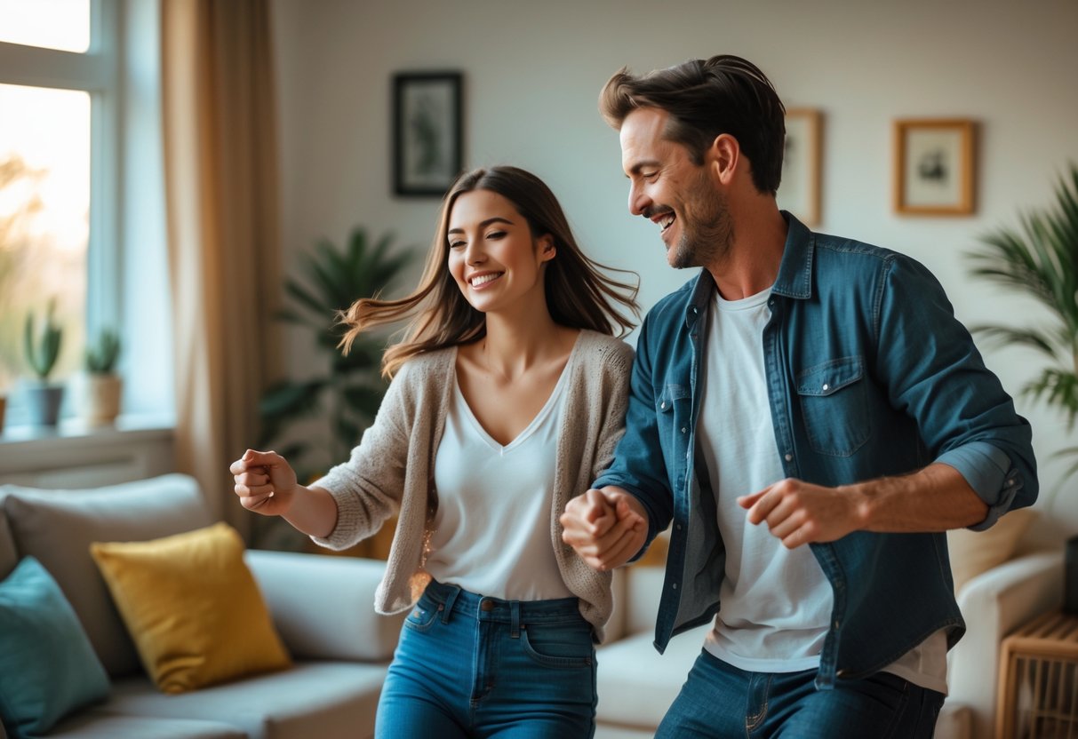A couple dancing together happily in a cozy living room.