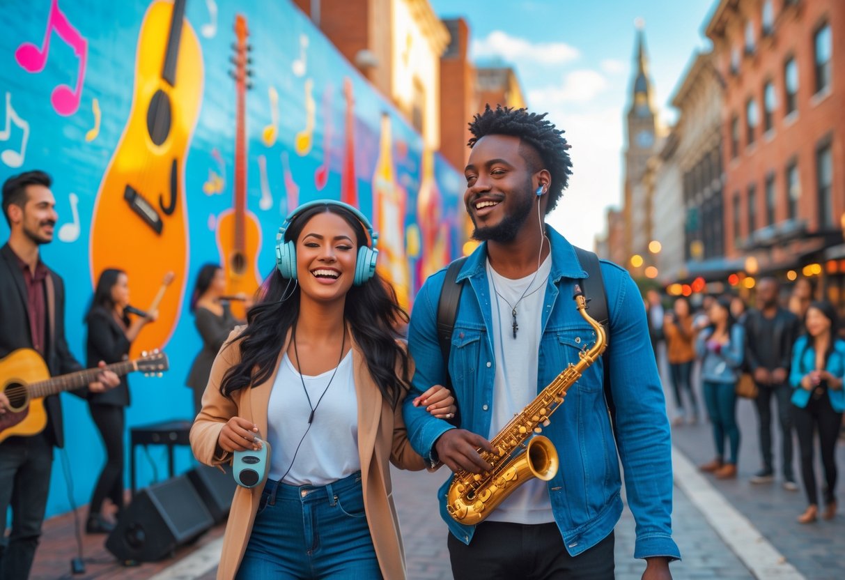 A couple walking on a city street surrounded by music-themed murals and street performers playing instruments.