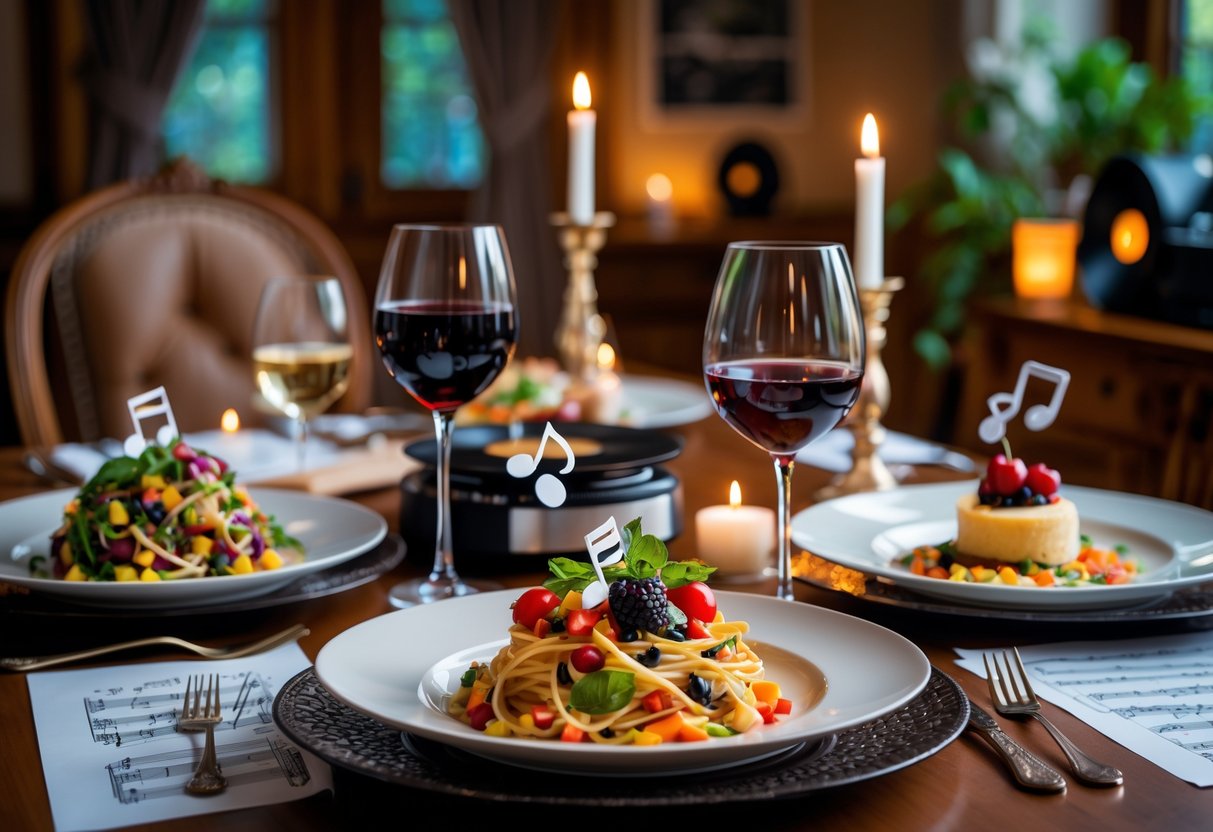 A dinner table set for two with creatively presented dishes inspired by songs, candles, wine glasses, and musical decorations in a cozy dining room.