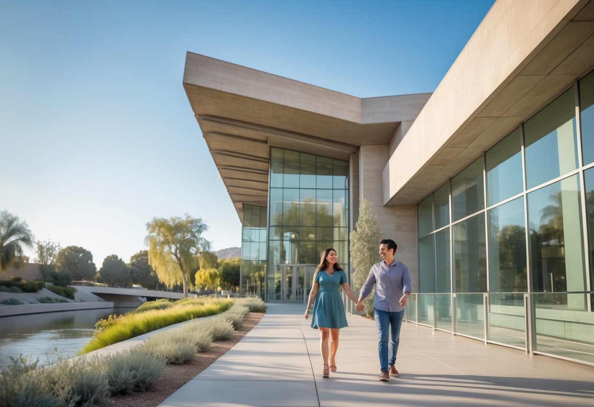 A young couple walking hand-in-hand outside the Riverside Art Museum on a sunny day.