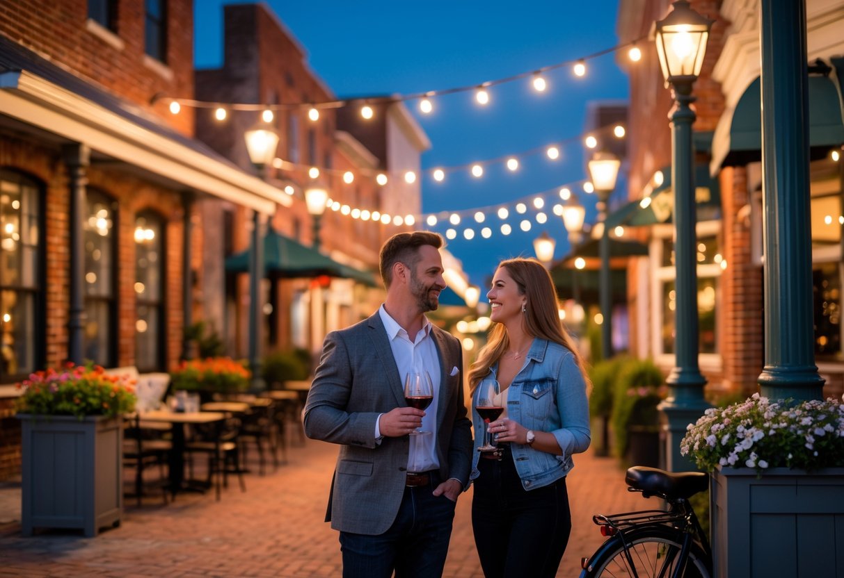 A couple enjoying a romantic evening together at an outdoor restaurant in a charming downtown street with warm lights and historic buildings.