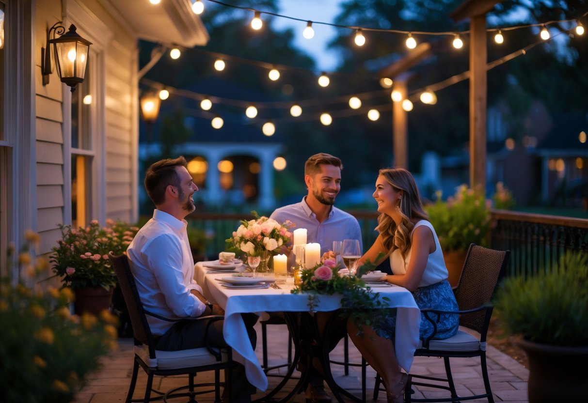 A couple smiling and talking at a candlelit outdoor table decorated with flowers and string lights in a garden setting.