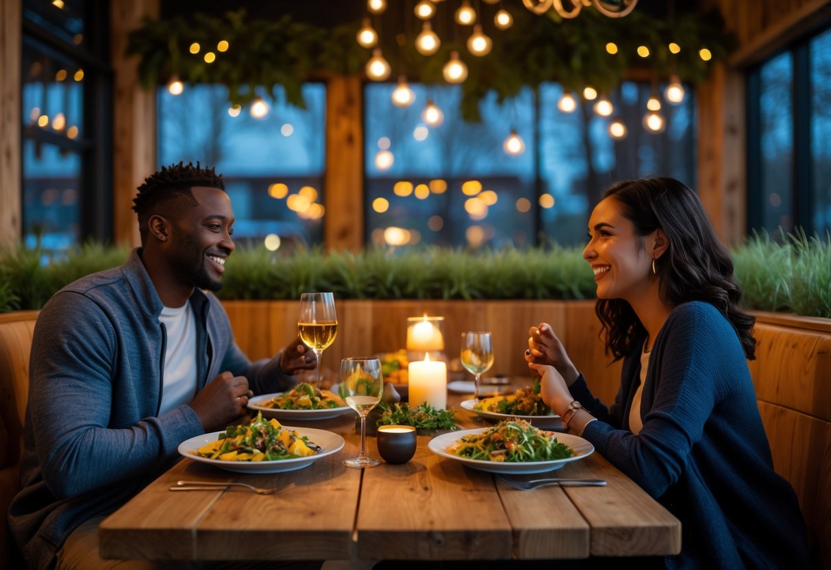 A couple enjoying a cozy dinner at a restaurant with warm lighting and fresh food on the table.
