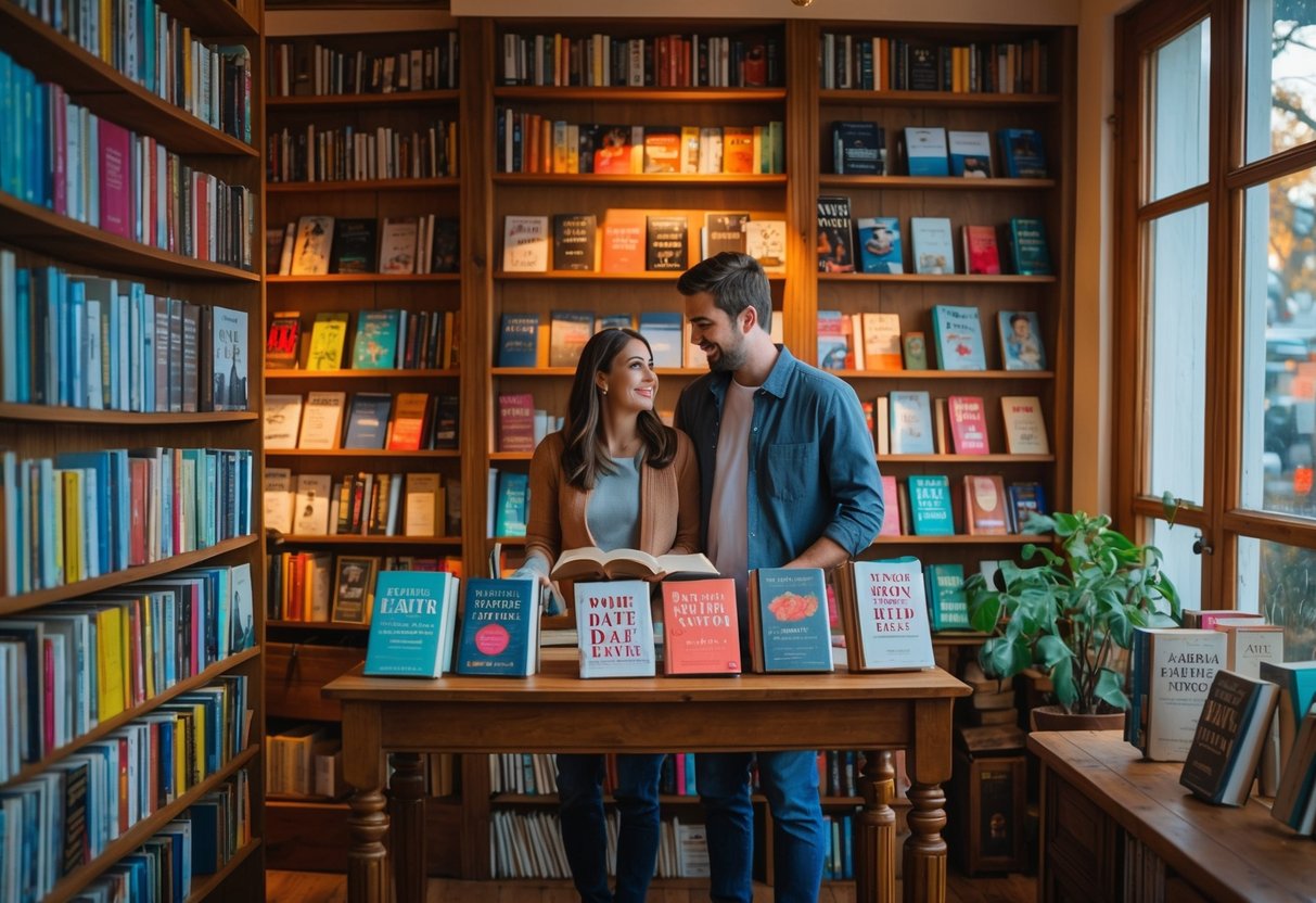 A young couple browsing books together in a cozy bookstore filled with shelves and warm lighting.