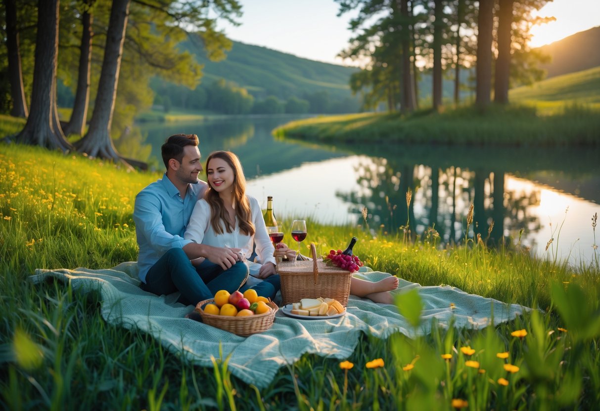 A couple enjoying a picnic by a lake surrounded by trees and wildflowers during sunset.