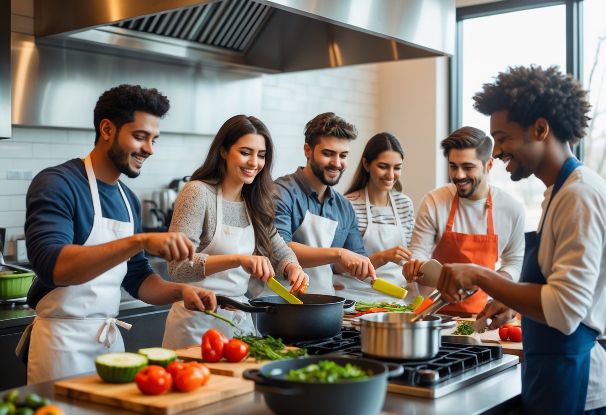 A group of young adults cooking together in a bright kitchen studio, smiling and preparing food.