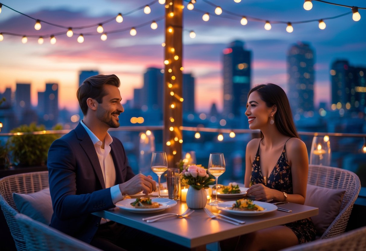 A couple enjoying a romantic outdoor dinner on a rooftop with city buildings and a sunset sky in the background.