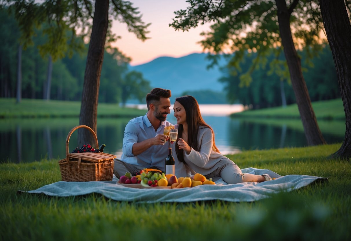 A couple enjoying a romantic picnic near a lake surrounded by trees during sunset.