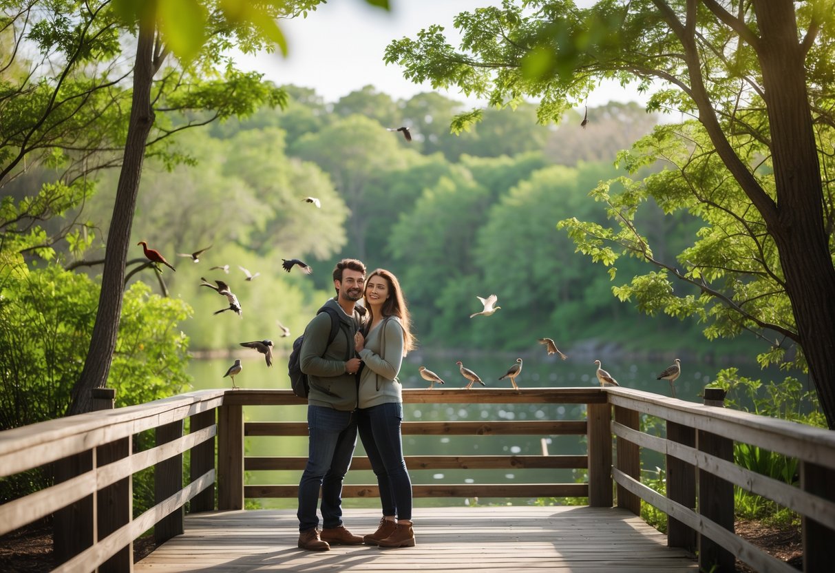 A young couple birdwatching together on a wooden deck in a green wildlife refuge surrounded by trees and a pond.