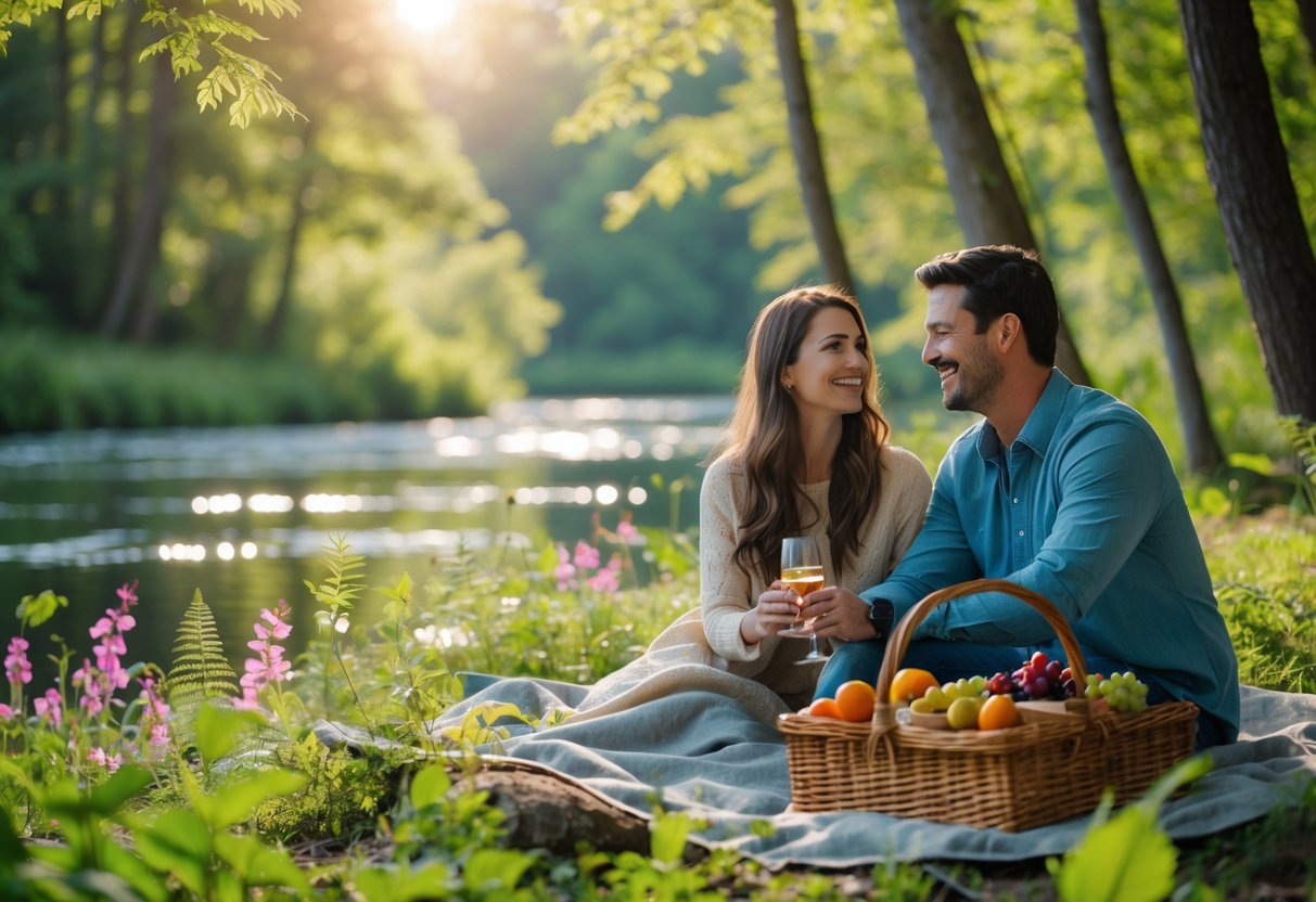 A couple sitting on a picnic blanket in a forest clearing near a lake, holding hands and smiling surrounded by trees and wildflowers.