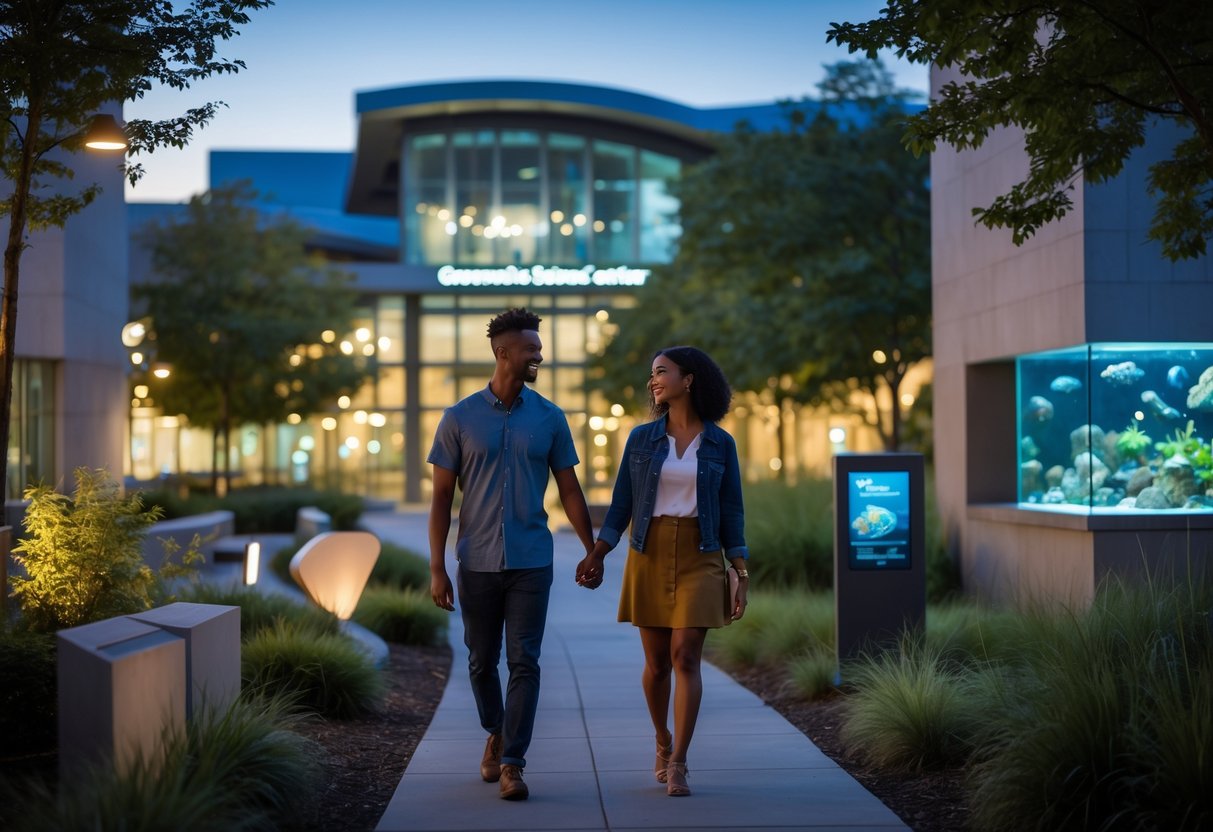 A young couple walking hand in hand through an illuminated outdoor science center at night surrounded by greenery and glowing exhibits.