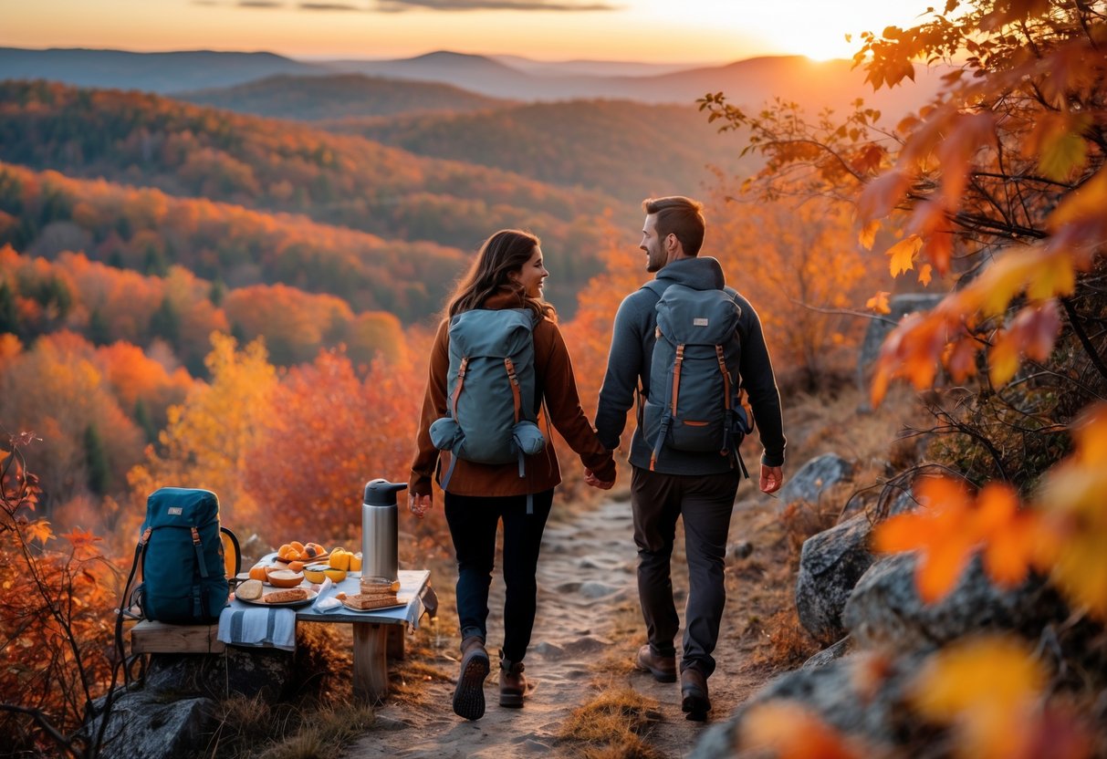 A couple hiking on a trail surrounded by autumn trees at sunset with packed snacks.