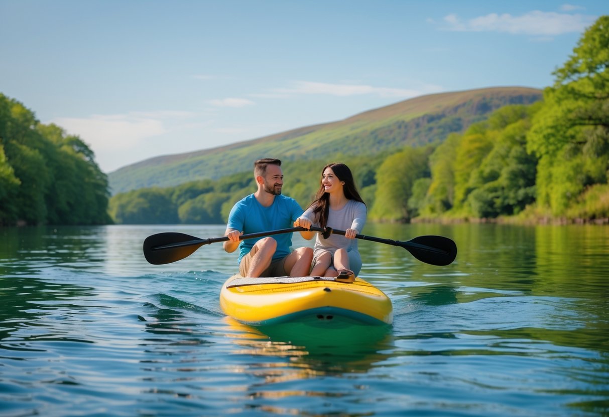 A couple paddleboarding together on calm water surrounded by green trees and hills.