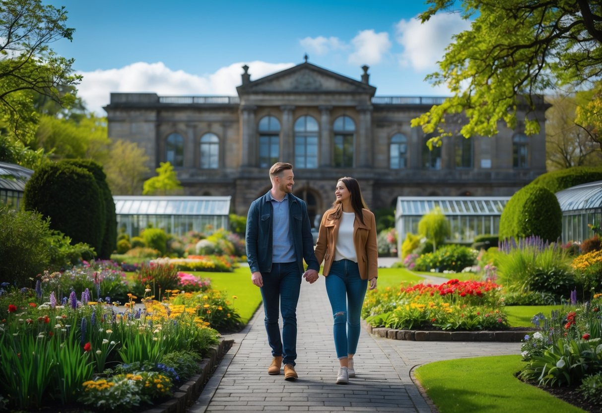 A couple walking hand-in-hand along a garden path near the Ulster Museum surrounded by greenery and flowers.