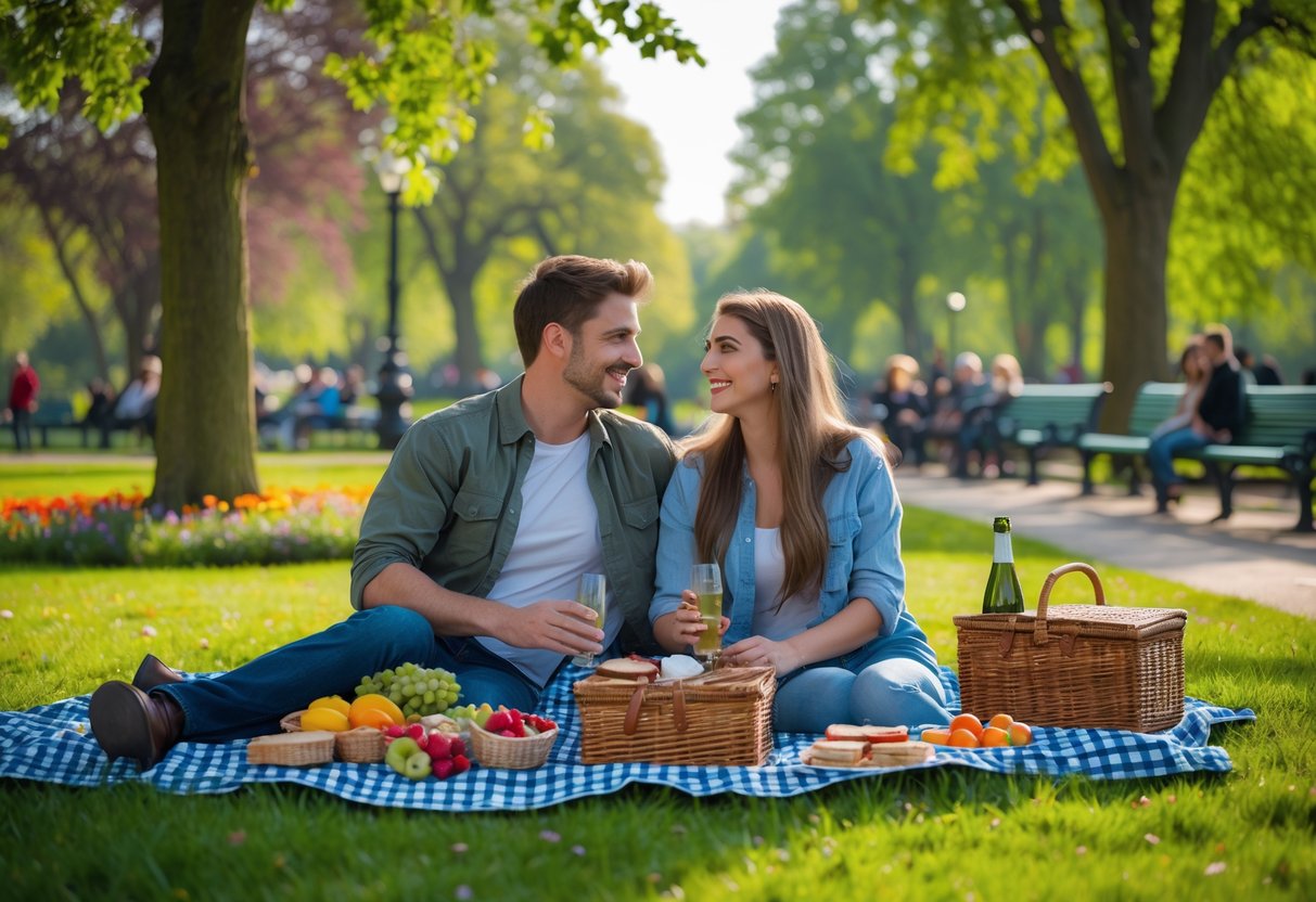 A young couple having a picnic on a blanket in a green park surrounded by trees and flowers.
