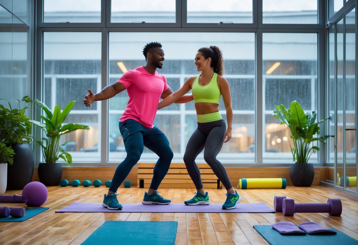 A couple exercising together in a bright indoor fitness studio on a rainy day.