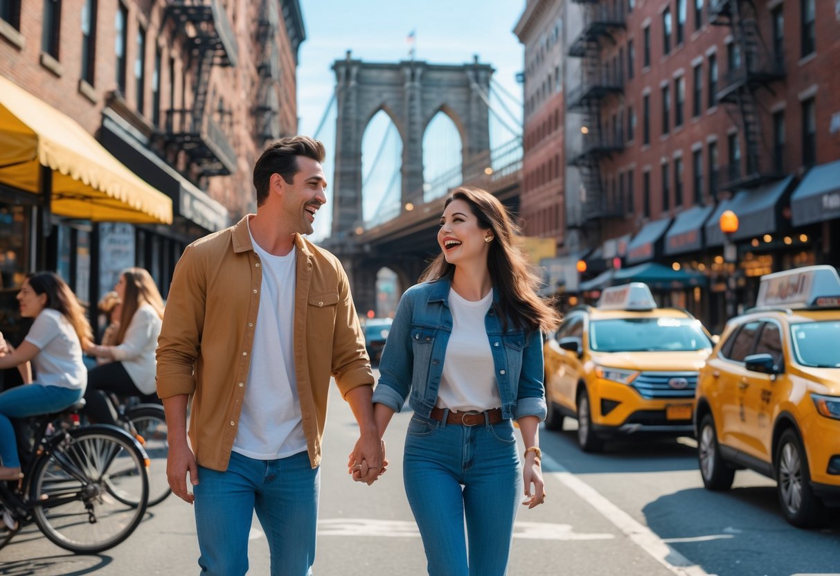 A young couple walking hand in hand on a busy New York City street with the Brooklyn Bridge in the background.