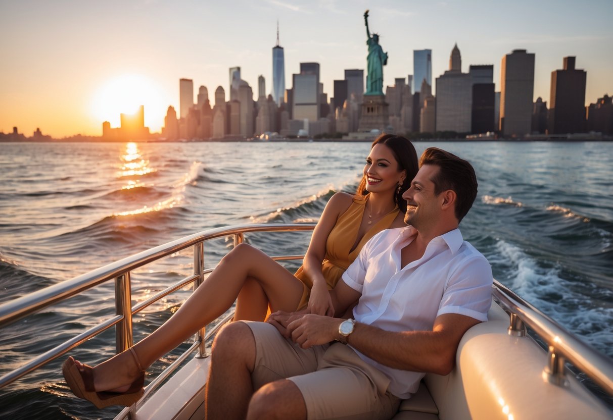 A couple enjoying a sunset cruise on a yacht with the Manhattan skyline and Statue of Liberty in the background.