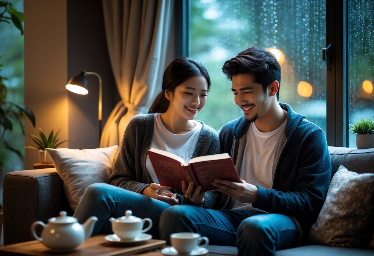 A young couple sitting on a sofa by a window on a rainy day, reading a book aloud to each other and smiling.