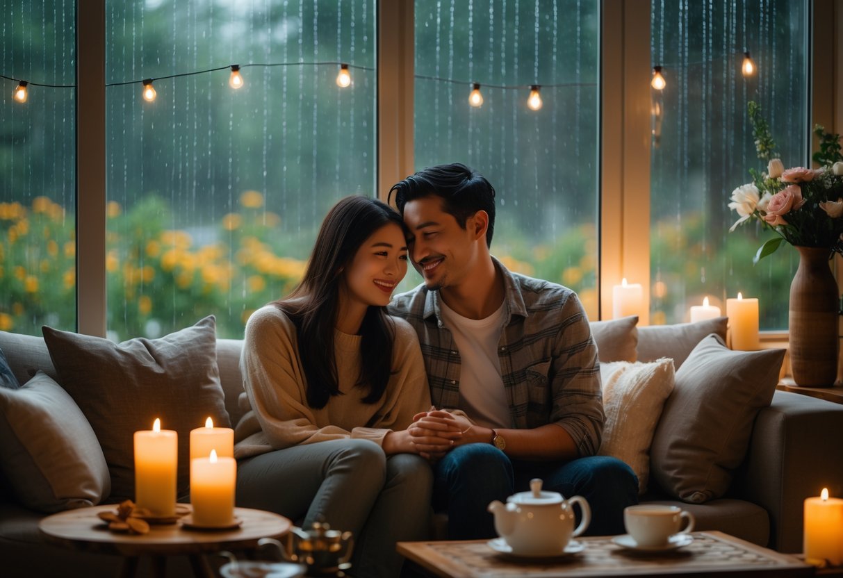 A couple sitting together on a sofa near a window with rain outside, holding hands in a warmly lit room.
