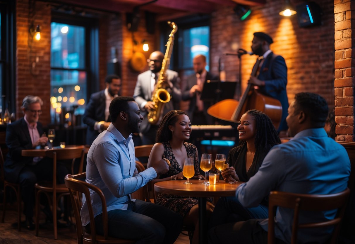 A couple enjoying a live jazz performance at a cozy jazz club with musicians playing on stage and other patrons seated around tables.