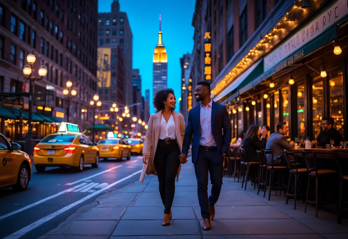 A couple walking hand-in-hand on a lively New York City street at night with illuminated buildings and an outdoor café nearby.