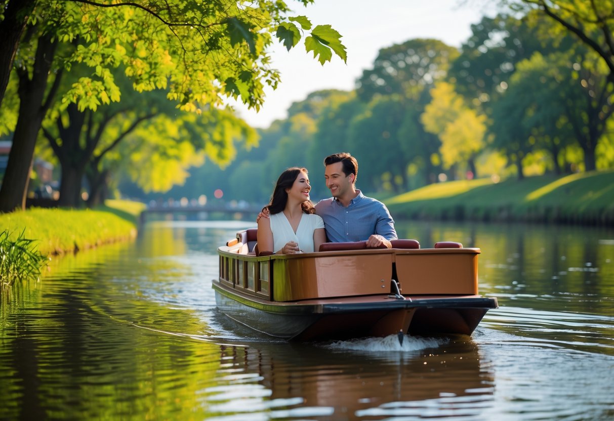 A young couple enjoying a paddleboat ride on a calm river surrounded by green trees in a park.