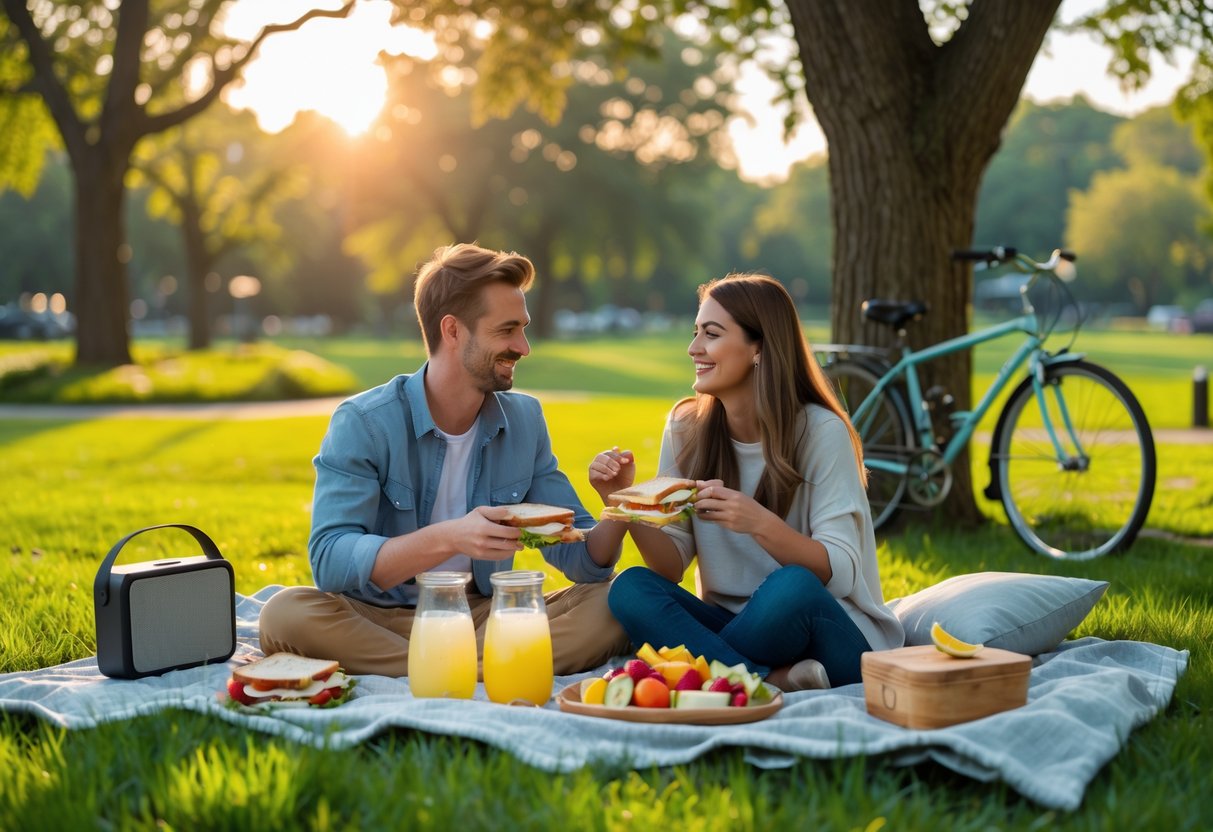 A young couple enjoying a picnic together on a blanket in a sunny park surrounded by trees and grass.