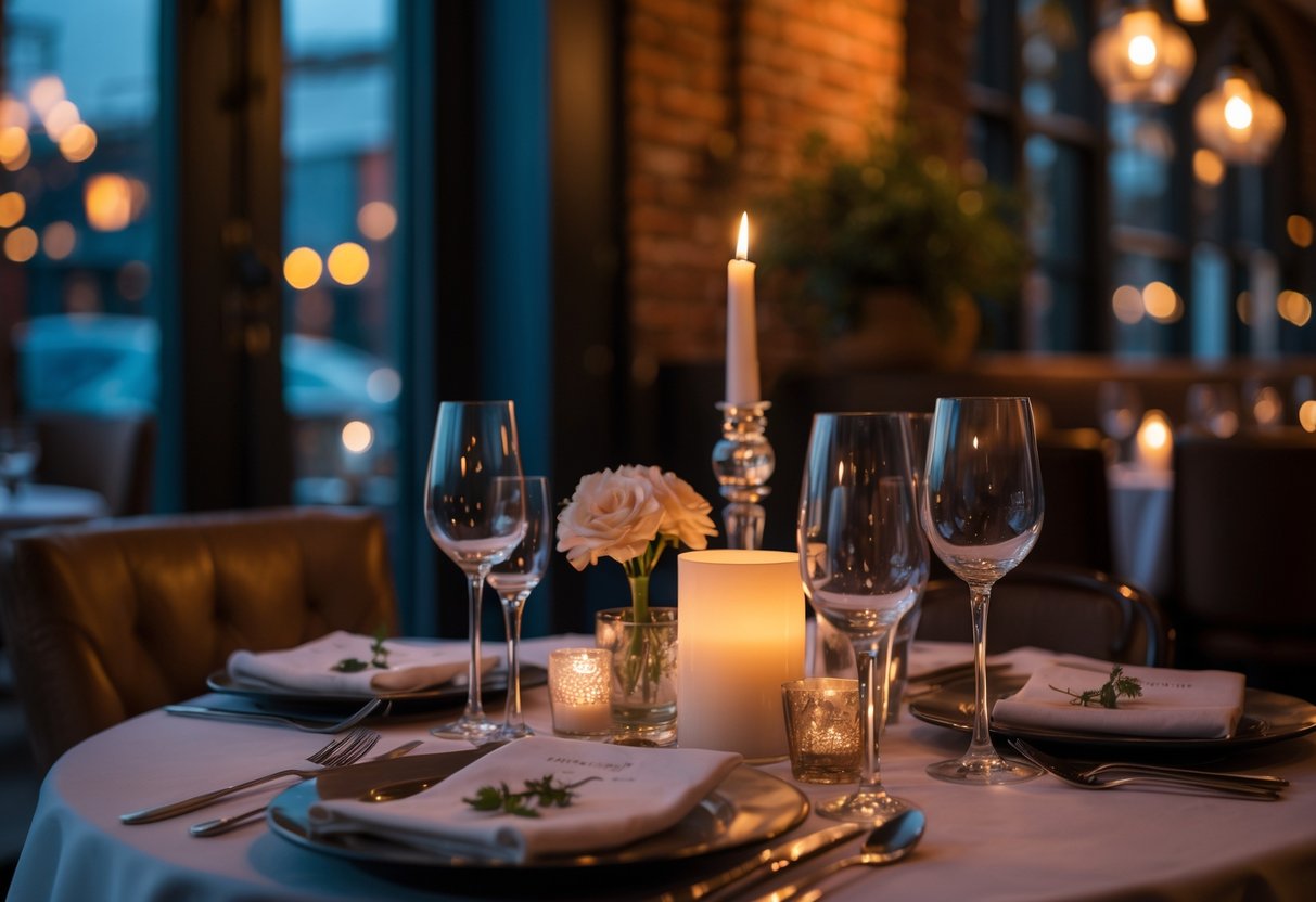 A romantic candlelit dinner table set for two inside a cozy restaurant.